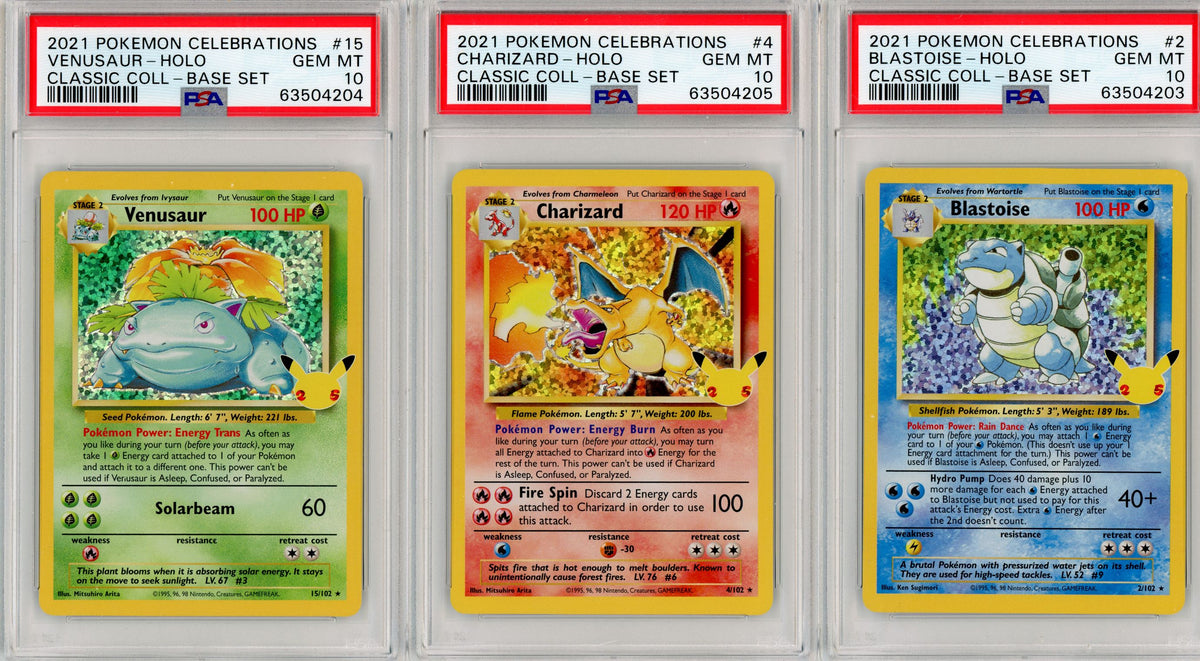 Pokemon Celebrations Base Trio Blastoise Charizard Venusaur PSA 10 Seq –  DONNELLY TRADING CARDS